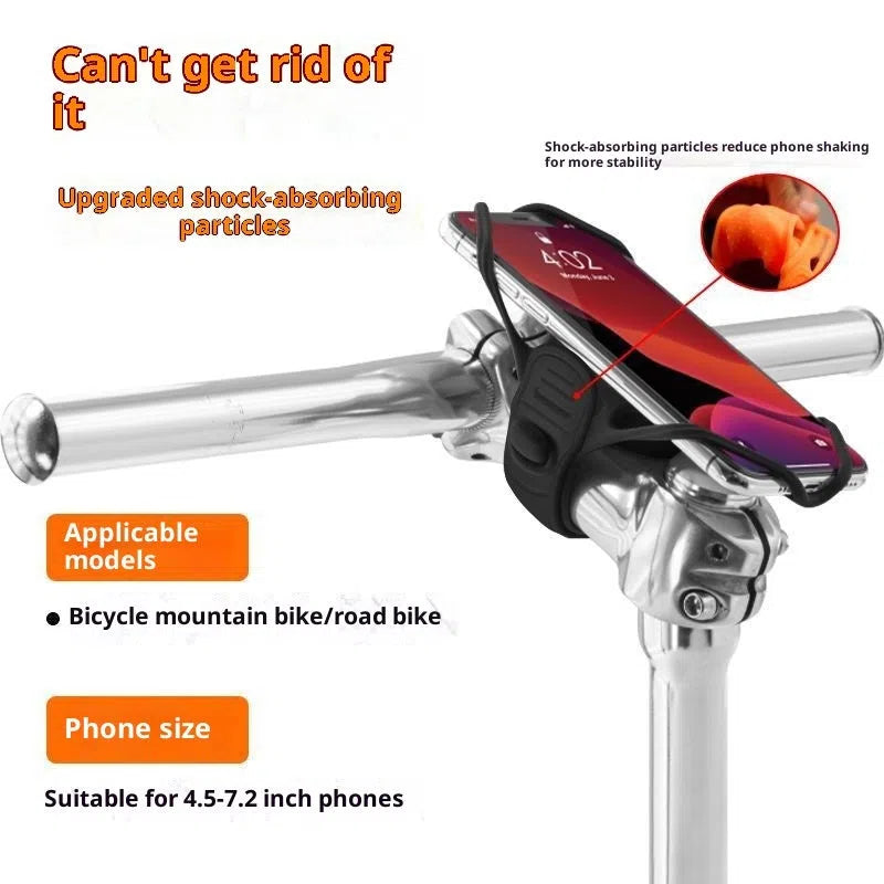 Universal adjustable road bike phone mount in black plastic attached to handlebars