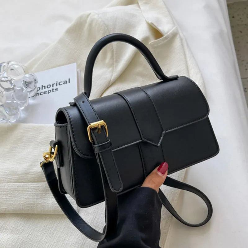 Women's beige PU leather messenger bag with sandwich pocket and horizontal square design