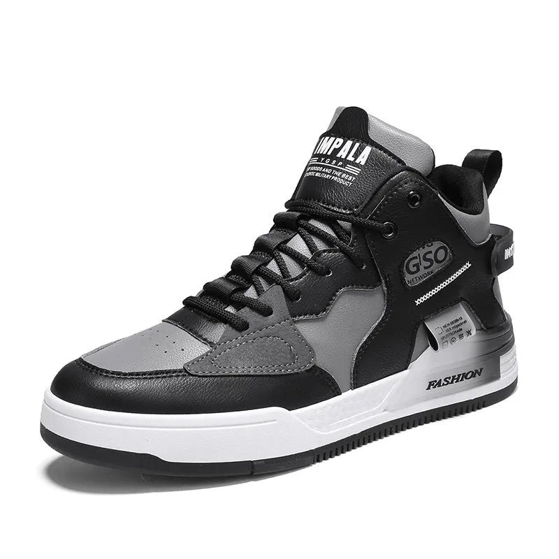 Men's high-top sports casual shoes with PU upper, mesh lining, and rubber sole in khaki, white, or black and gray