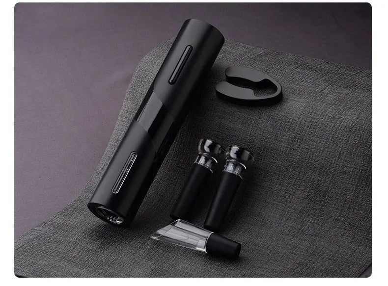 Five-in-one electric bottle opener set with decanter and vacuum stopper on base, ABS plastic, black