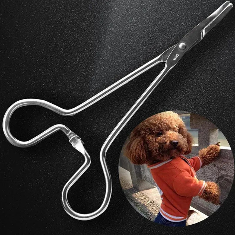 Silver stainless steel pet ear cleaning tweezers with curved tip and ergonomic handle