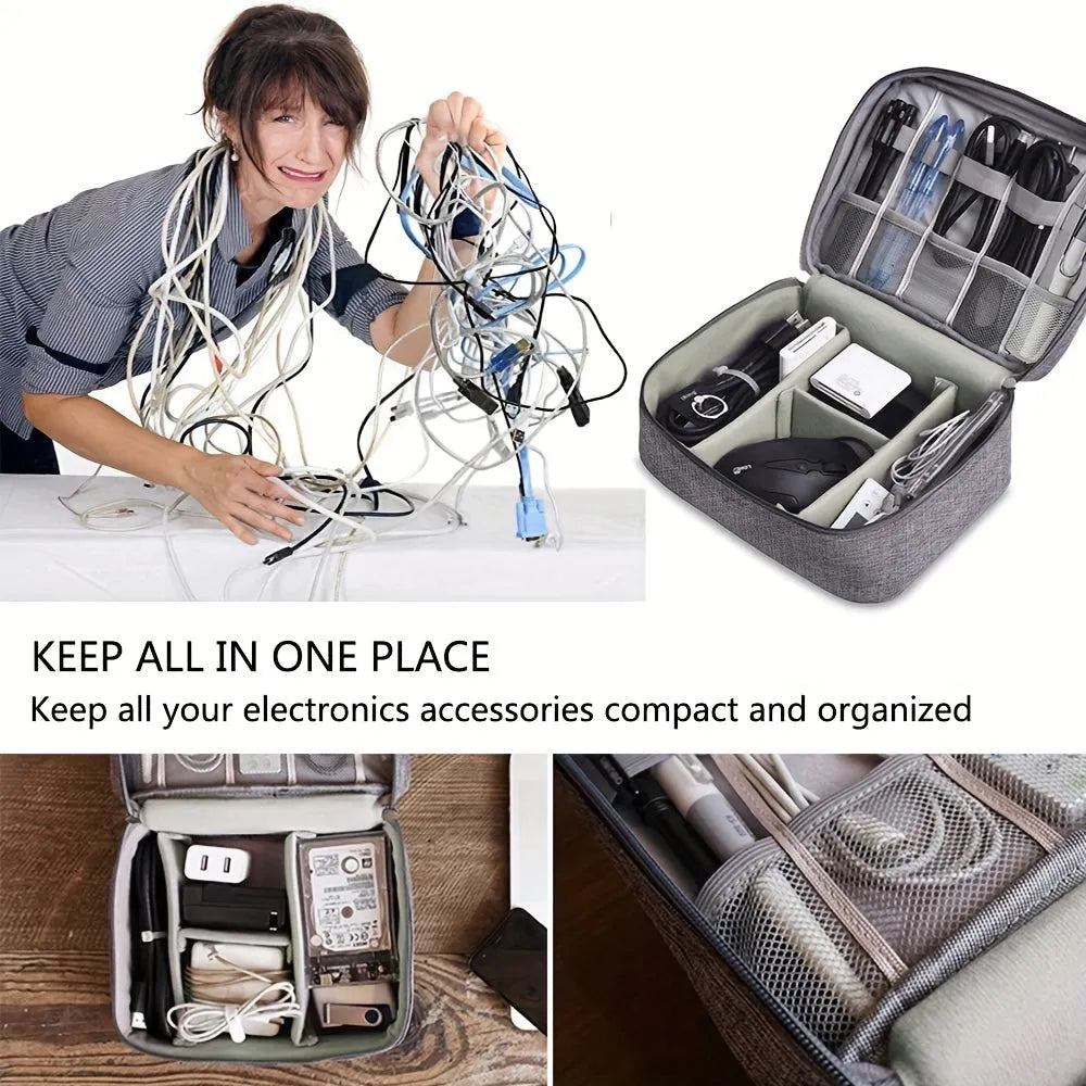 Black and grey waterproof travel cable organiser bag open, showing mesh pockets and removable padded dividers inside.