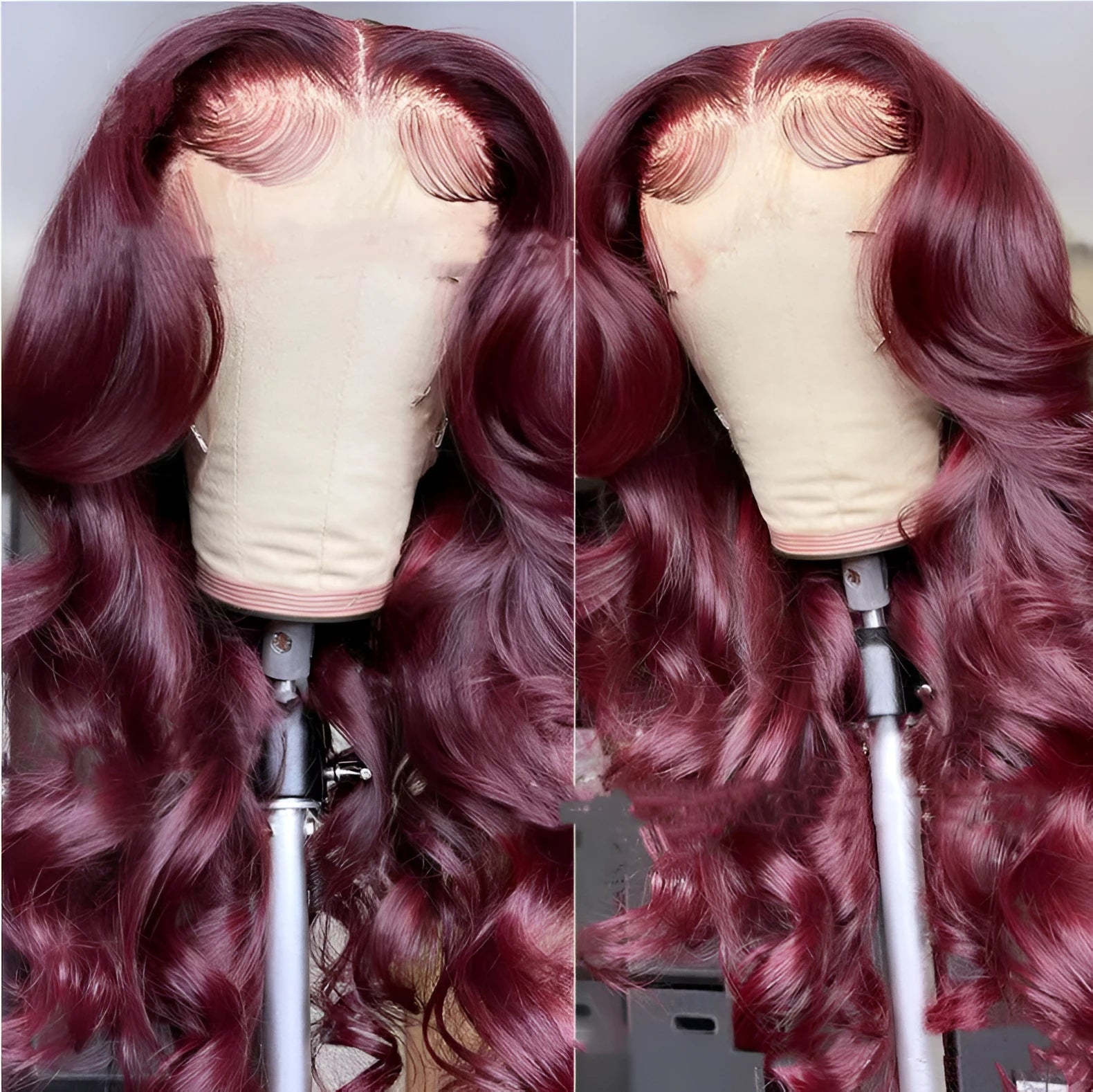 Front lace synthetic wig long curly wine red hair with medium points cap and long bangs