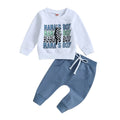 White casual boy's letter floral print long sleeve pullover cotton trousers suit for heights up to 110cm