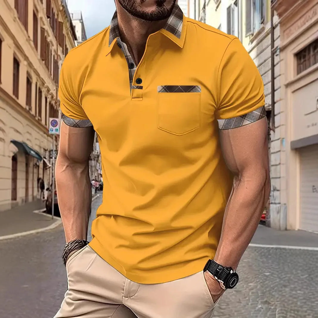 Men's loose fit short sleeve T-shirt with plaid colourblock pattern and zipper detail in multiple colour options