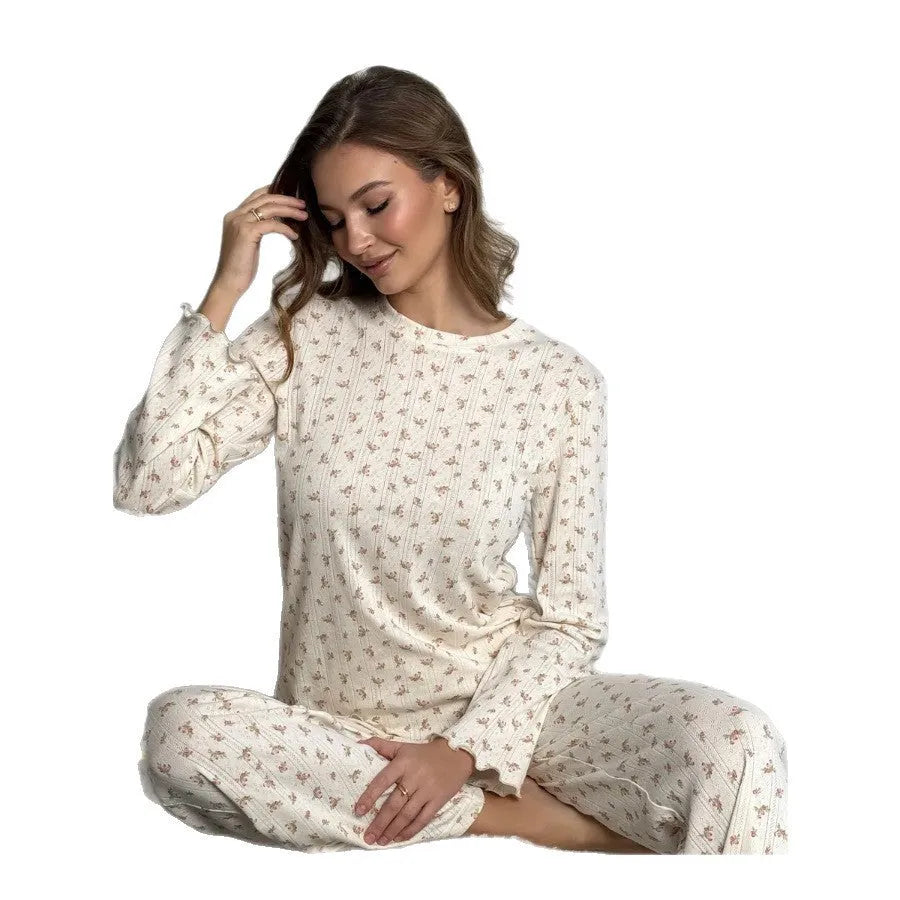 White floral print women's home wear suit with bell sleeves and wide-leg trousers