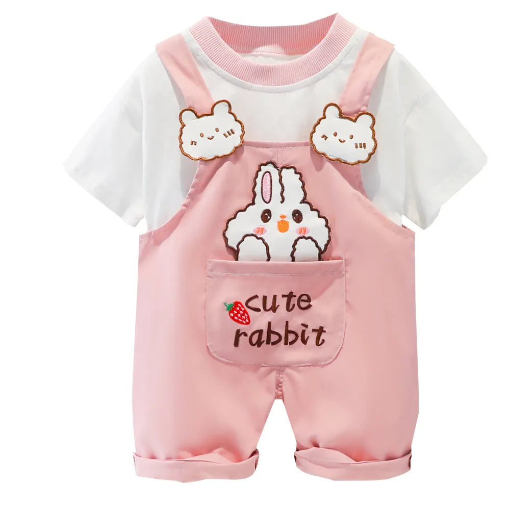 Children's cotton summer overalls with cartoon print in yellow colour showing short sleeves and straps