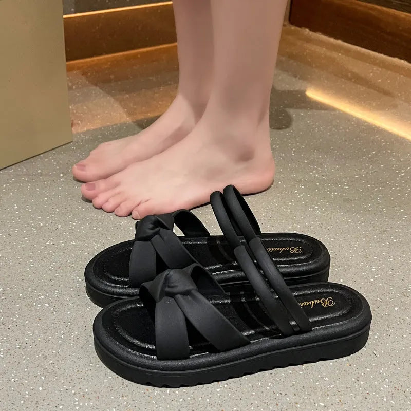 Women's black and white sandals with thick soft back and two-way wear design for outdoor use