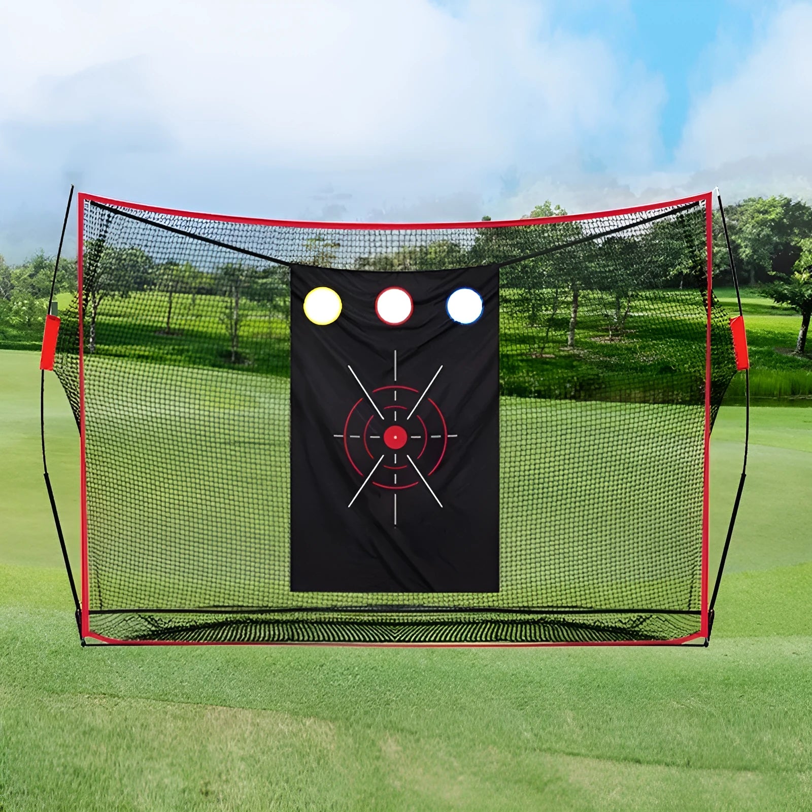 Golf swing wedge training net kit with straw mat, red PU balls, and practice accessories laid out