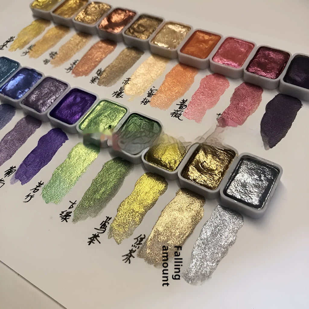 Traditional Chinese painting watercolour set showing 20 colour tubes including gold and silver metallics