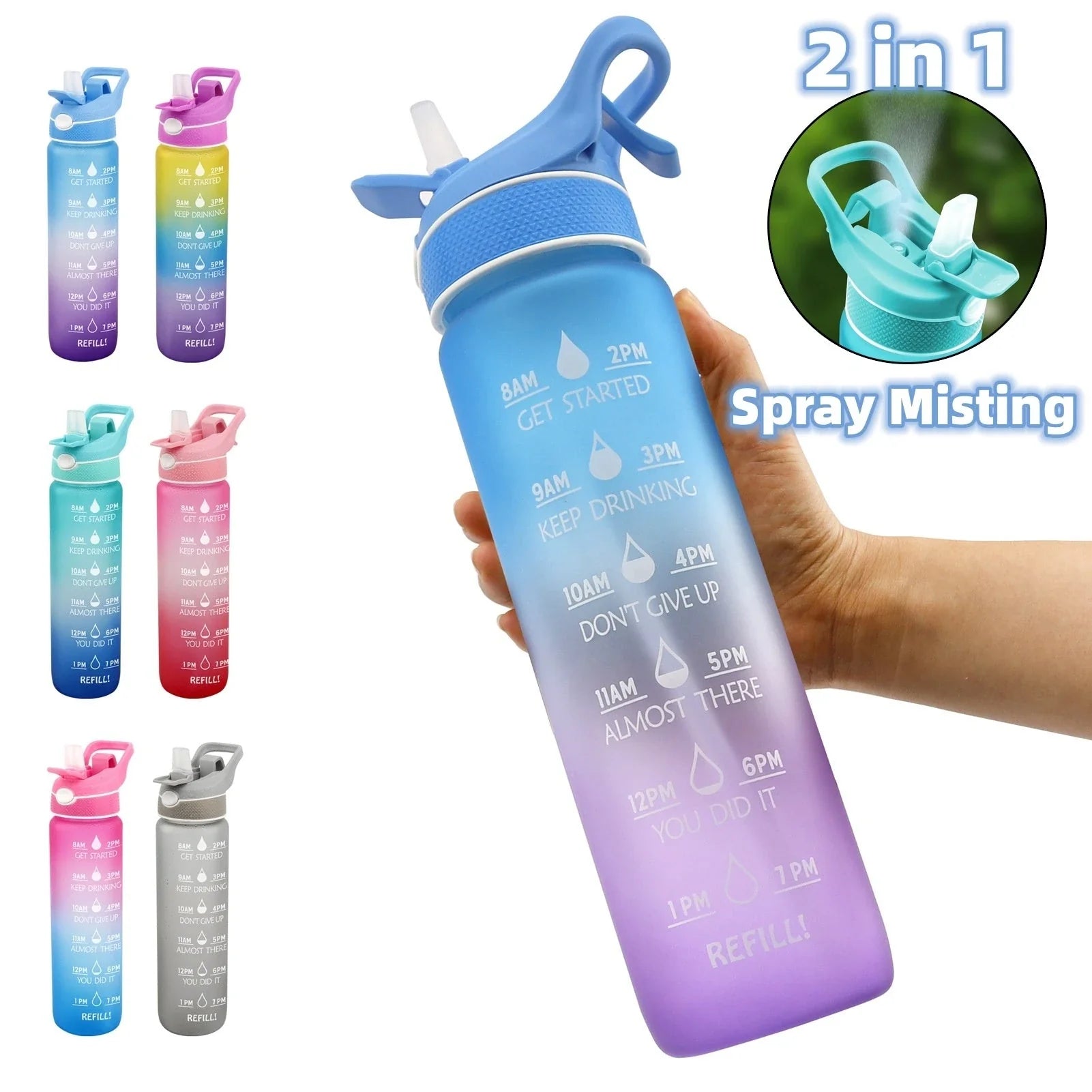 Premium reusable water bottle with one-touch open design, built-in sprayer, and personalized hydration tracking