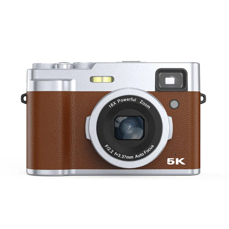 Black 5K digital camera with dual lenses, optical viewfinder, and a 2.88-inch screen on a strap.