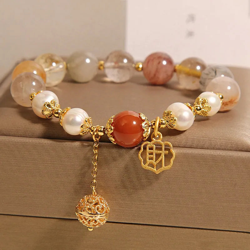Women's crystal pearl bracelet with colourful hair crystal pearls and Chinese character Cai decoration