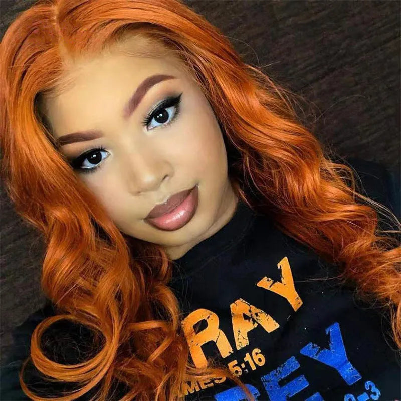 Dark orange real human hair wig with smooth texture on a mannequin head, available in various lengths and densities.