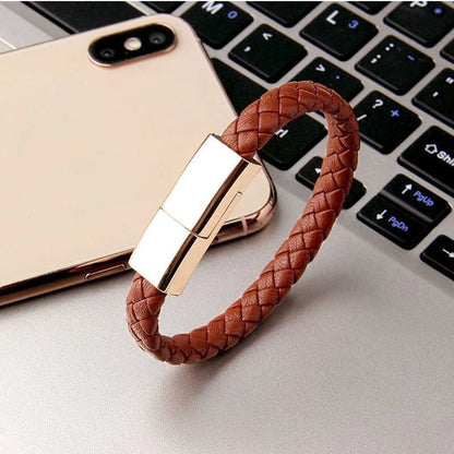 Stylish leather bracelet charging cable for iPhone, Android, and USB-C devices in various colors and sizes