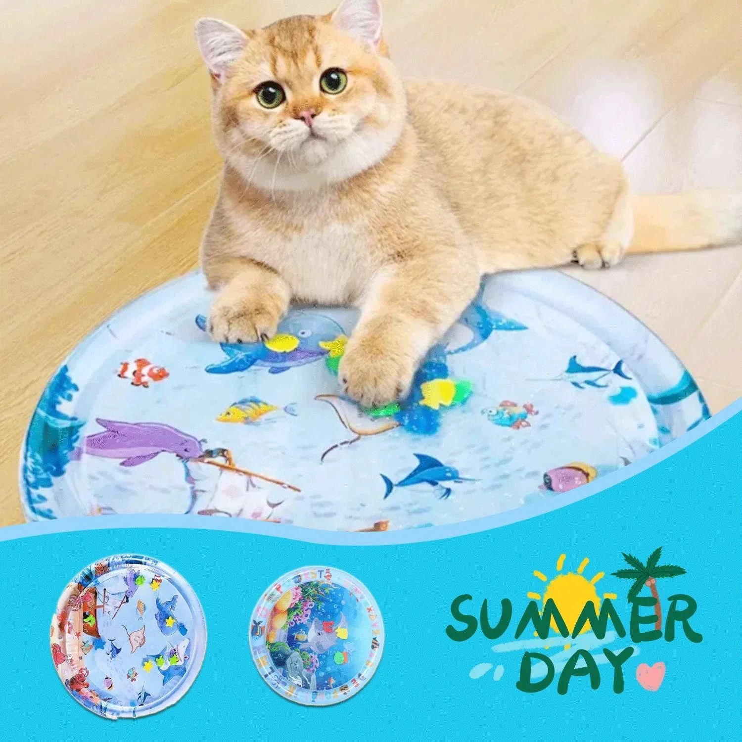 Cooling Pet Water Bed with fish-themed design, providing refreshing comfort for cats and dogs