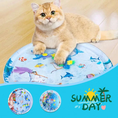 Cooling Pet Water Bed with fish-themed design, providing refreshing comfort for cats and dogs