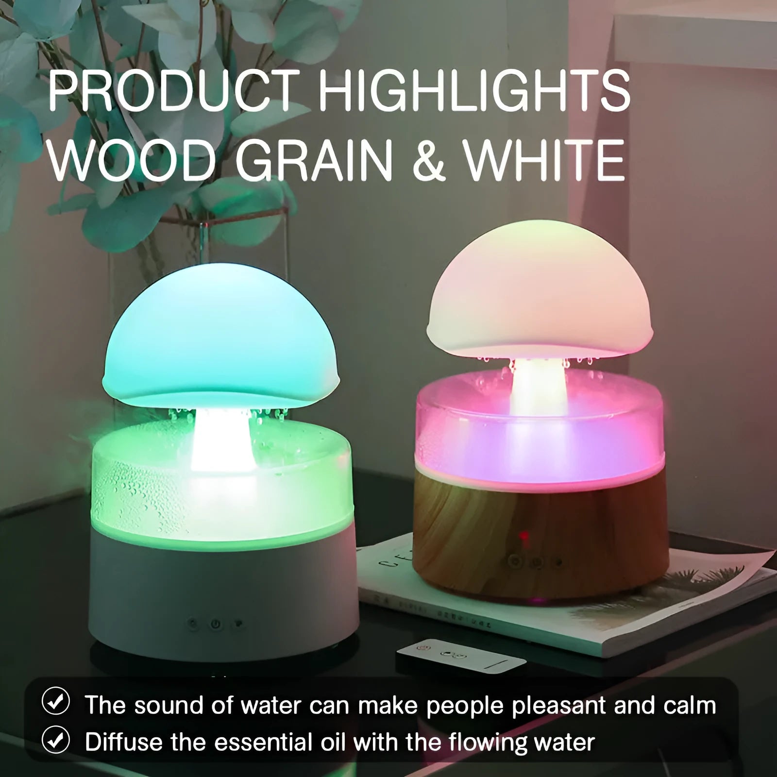 White cloud-shaped humidifier with simulated raindrops and colour-changing lights on wooden surface