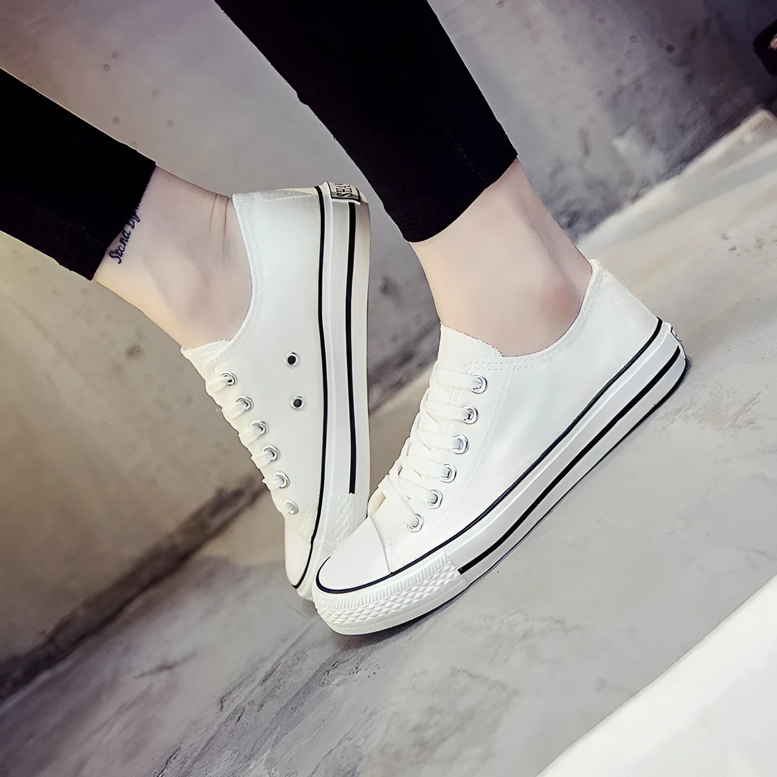 Women's casual canvas shoes in solid colours showing black, white black, white red and all black options