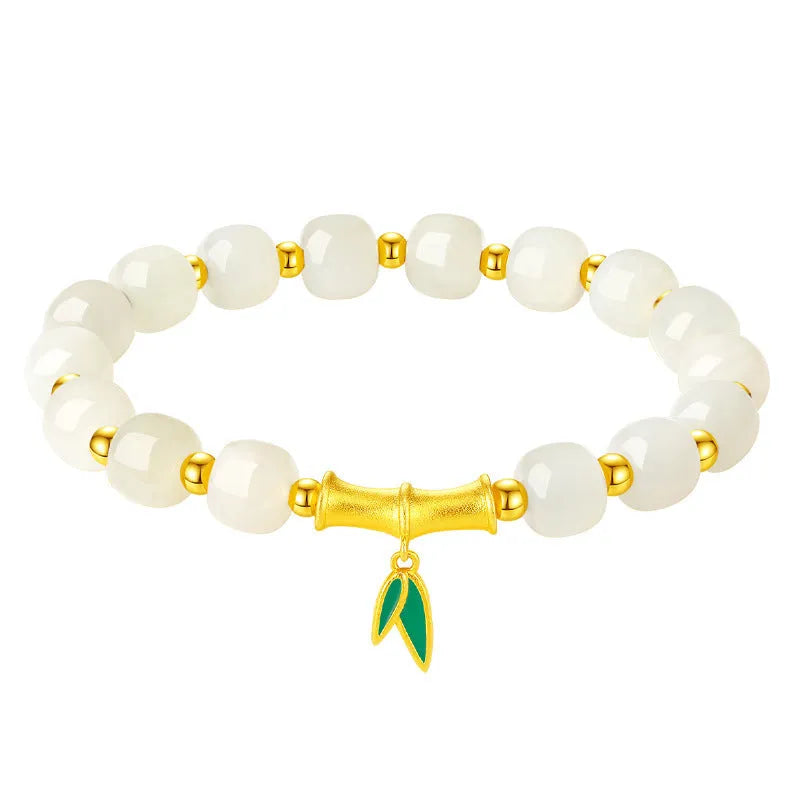 Gold Zhizhu Hetian jade bracelet with 925 silver and 6mm leaf-shaped beads in bamboo design