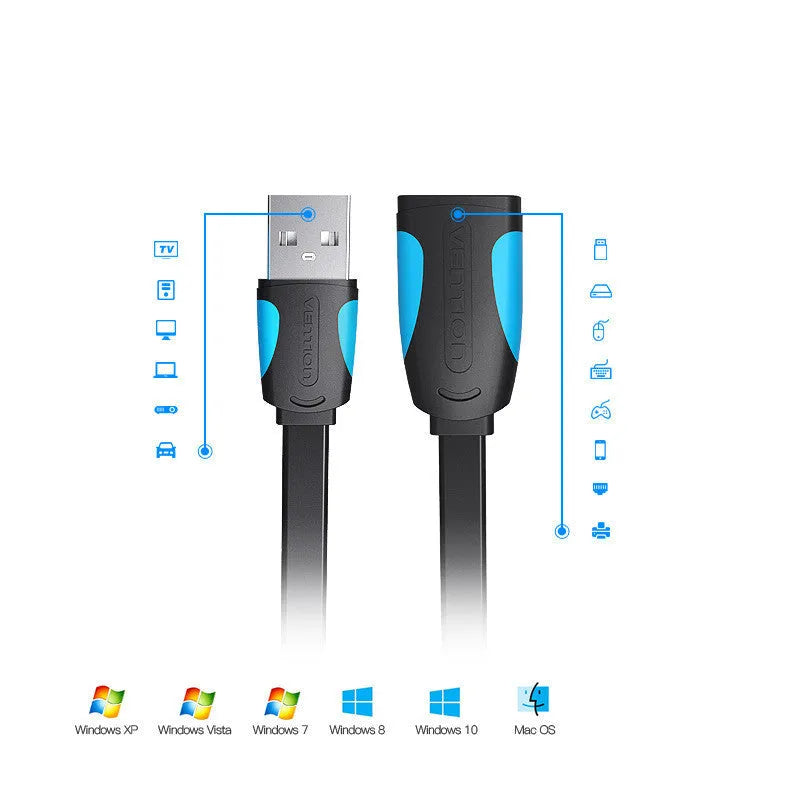 Black flat USB 3.0 extension cable for keyboard mouse and U disk, 0.5m to 3m lengths