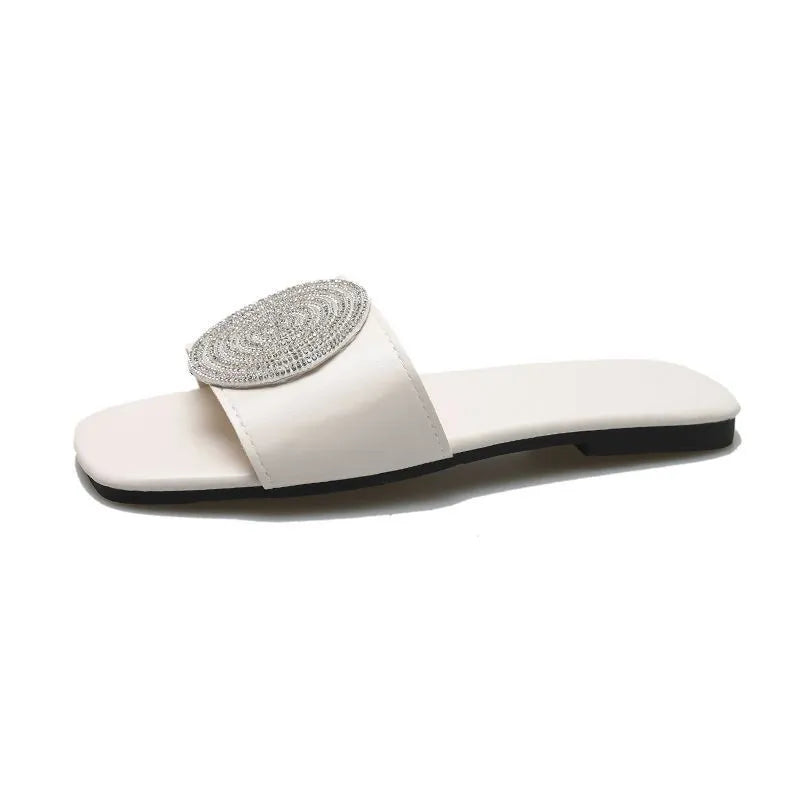 Open toe PU slippers with rhinestone trim in black colour