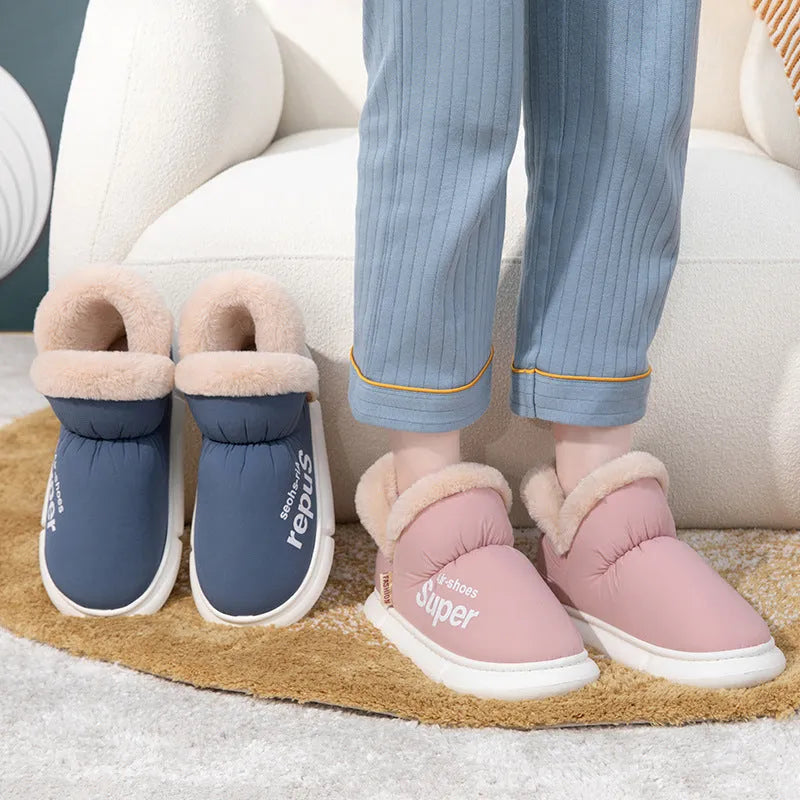 Warm house slippers with plush fleece lining and high back heel, shown in assorted colours.