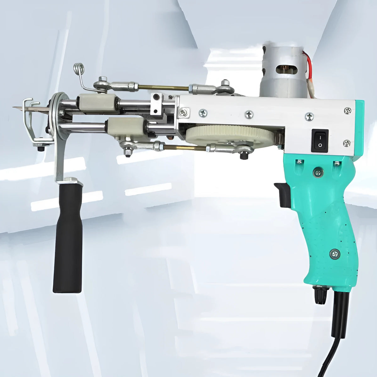 RLD-4 electric needle carpet tufting loom 120W with loop and cut pile, metal and plastic build, shown in dark blue silver