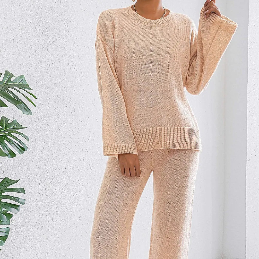 Women's two-piece loose pullover sweater and wide leg trousers set in deer plush fabric, beige suit option