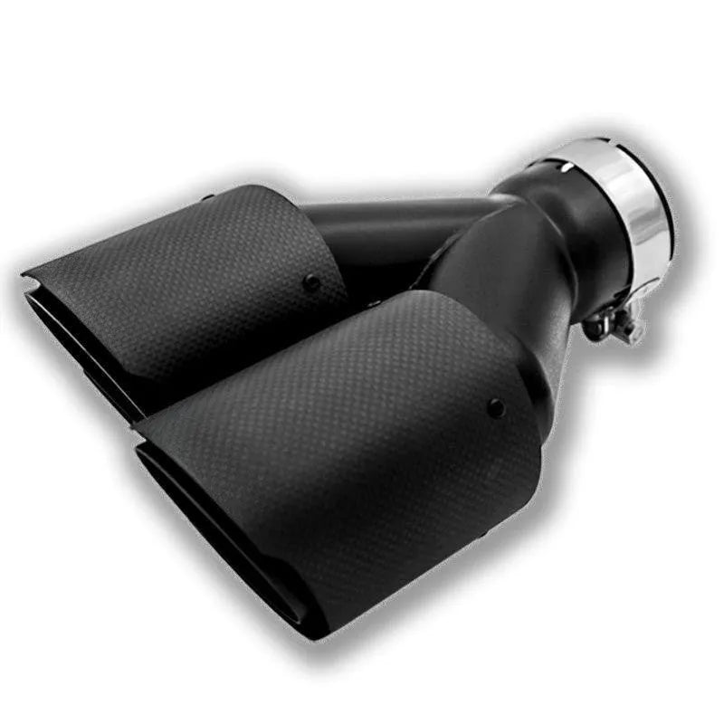 Black carbon fibre car exhaust pipe with dual outlet design showing 250mm length