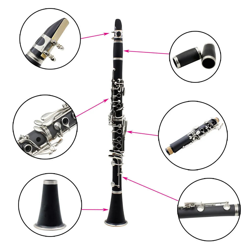 Black Bakelite beginner clarinet with nickel keys and included protective carrying bag