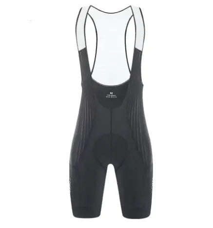 Cycling suspender shorts in black with moisture wicking polyester fabric and integrated suspenders
