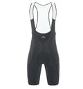 Cycling suspender shorts in black with moisture wicking polyester fabric and integrated suspenders