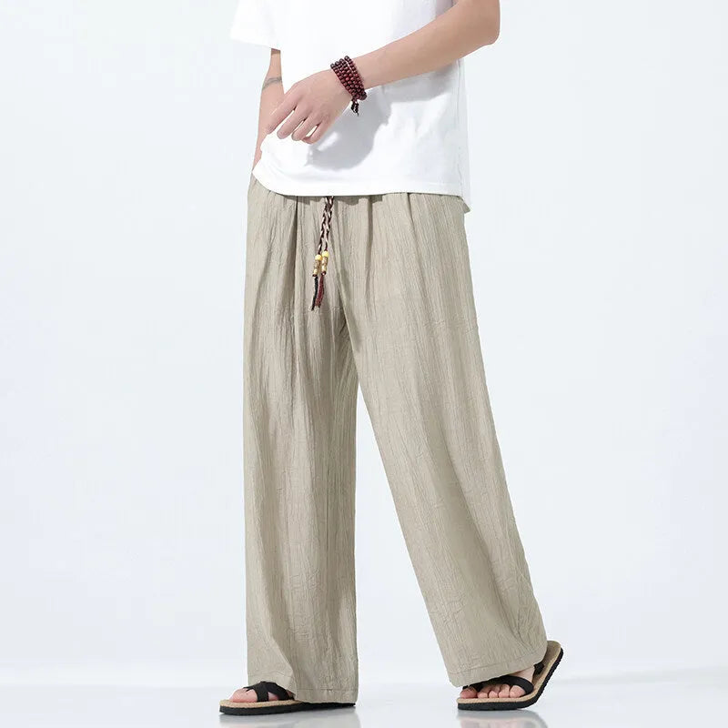Men's bamboo fibre straight-leg trousers in black, khaki or coffee, thin wide-leg mid waist style, sizes M to 5XL
