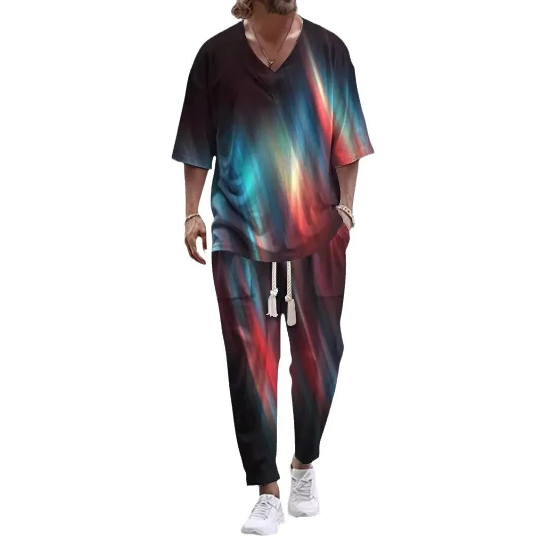 Women's cropped sleeve V-neck trousers suit in thin polyester fabric showing jacket and matching trousers