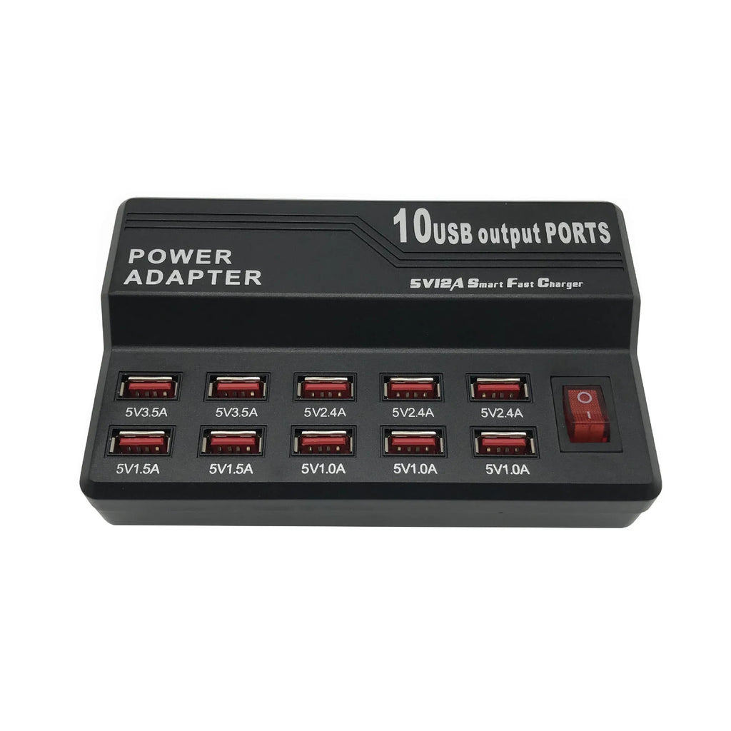 10 Port USB charger power strip in 838 black with multiple cables connected