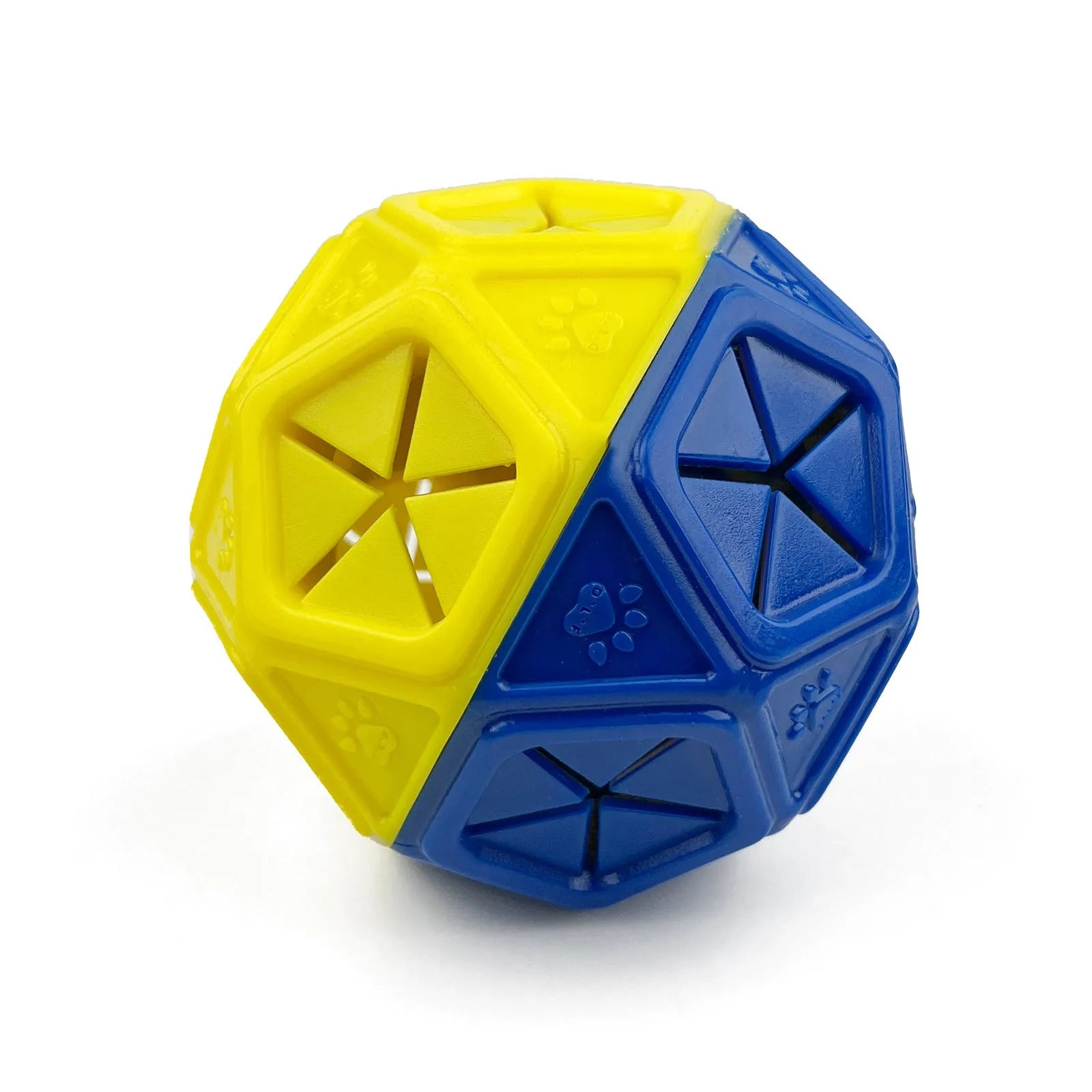 Blue chew-resistant hollow dog puzzle ball with treat openings