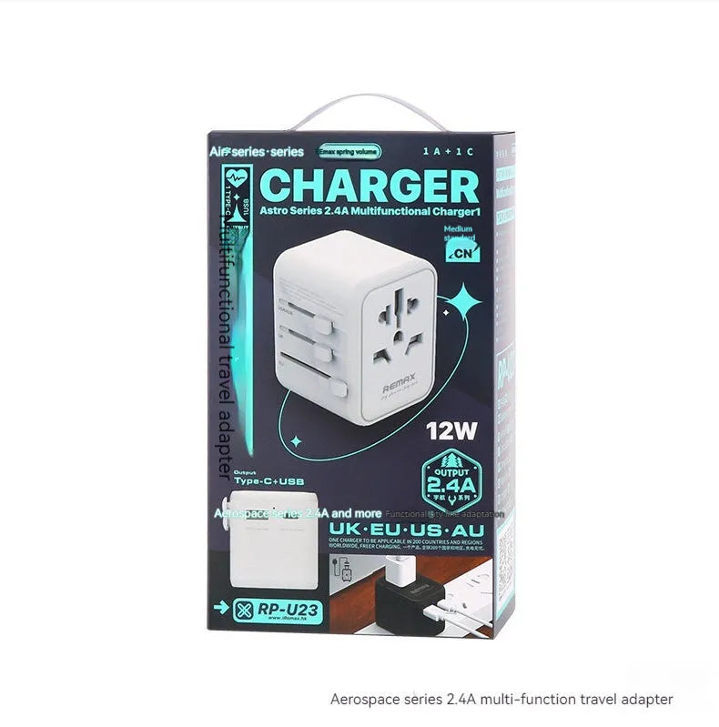 White universal travel charger adapter with Type-C PD, 12W and 35W models for US UK EU sockets