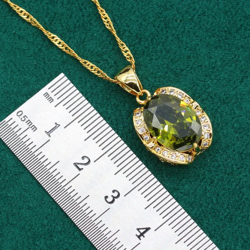 Olive green full rhinestone zircon jewellery set with snake bone chain necklace, earrings, and ring.