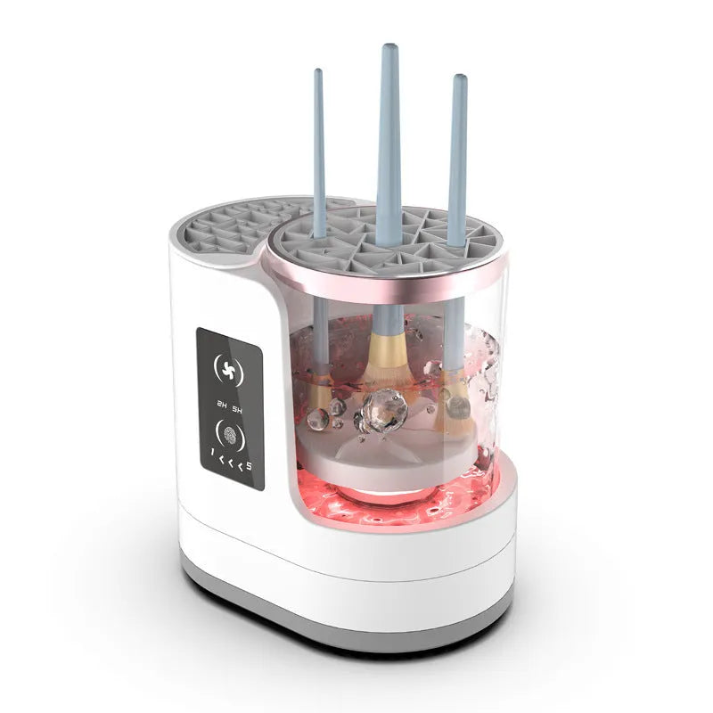 Electric makeup brush cleaner with drying chamber showing brushes inside cleaning device