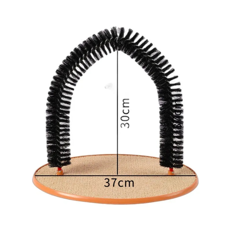 Black arch-shaped cat scratching post with grooming brush and attached mouse toy on non-slip base