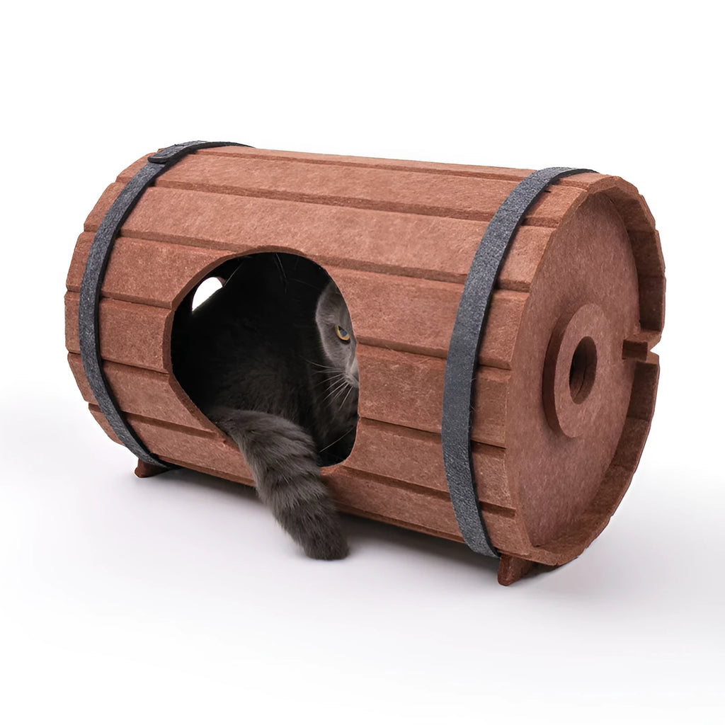 Assembled wine barrel pet bed made from three grey felt panels, forming a circular cat nest.