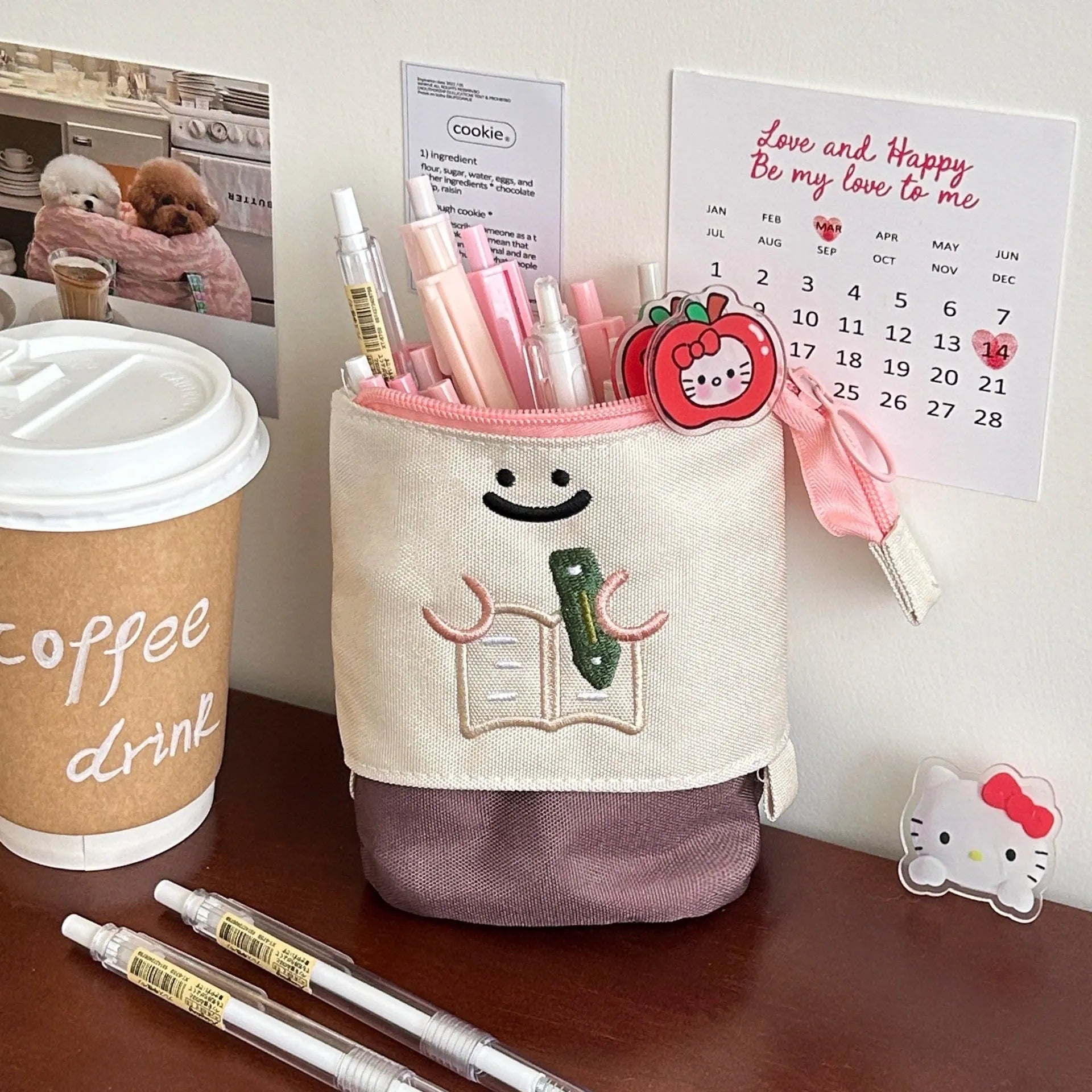 Brown Korean style collapsible pencil case with cartoon design and oxford fabric material