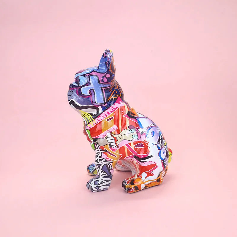 Graffiti colour finish French Bulldog resin statue on a table, modern simple style.