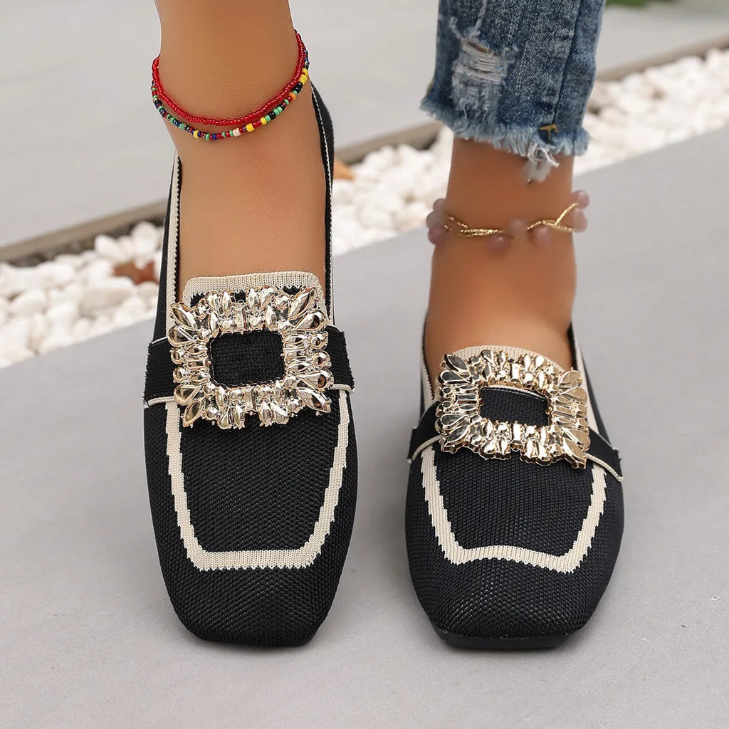 Flyknit slip-on square toe rhinestone flat shoes for women in plus sizes low heel 1-3cm
