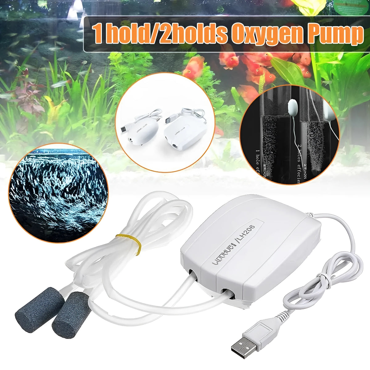 White aquarium air pump mini compressor with single or double outlet, ABS shell, steel clip and rubber shockproofing
