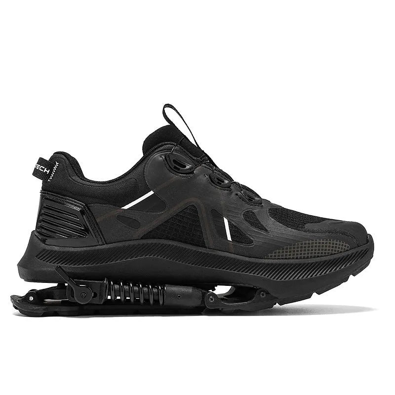 Black running shoes with mesh upper and buckle closure, showing leather stitching details and rubber EVA sole