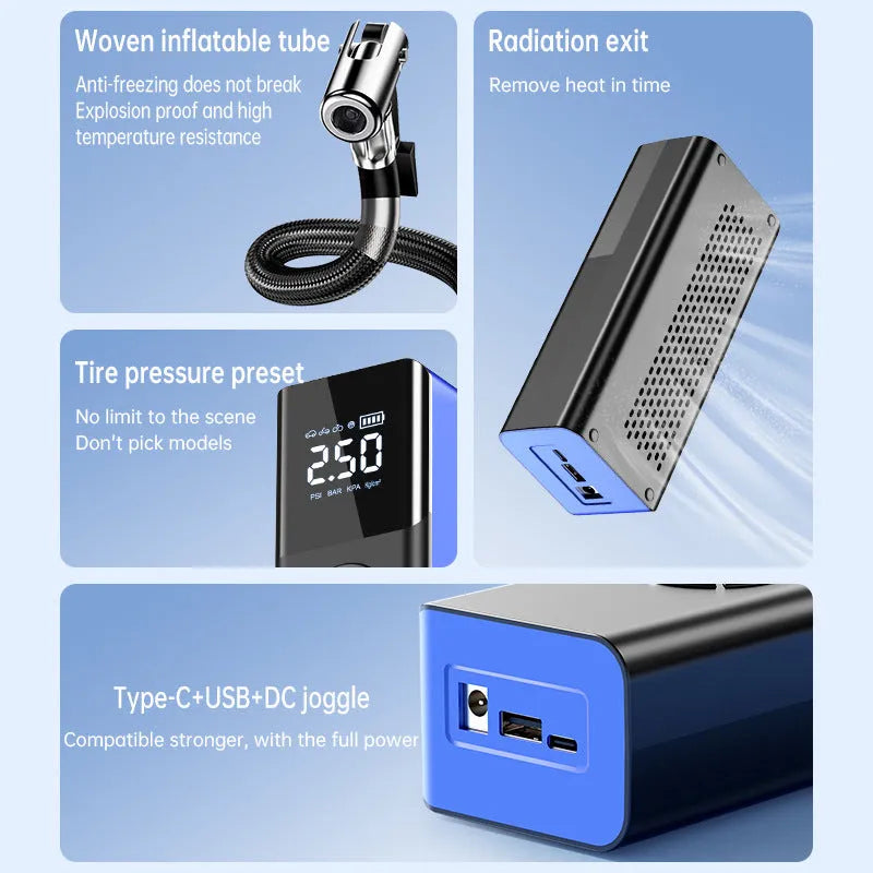 Blue wireless portable car tyre inflator with digital display and warning light