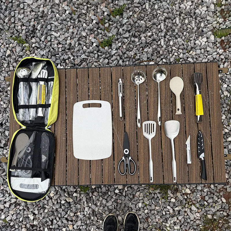 Portable picnic kitchenware storage bag containing 12 stainless steel utensils.