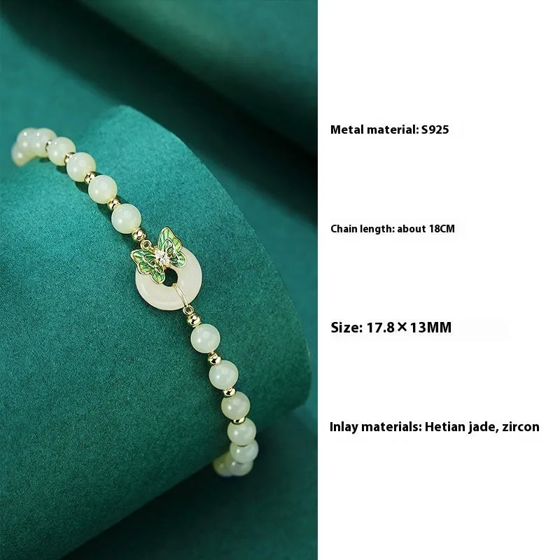 Cyan Hetian jade bracelet with silver-inlaid butterfly design and 6mm beads